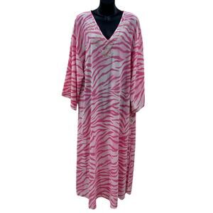 New Natori Embroidered Pink Zebra Print Butterfly Caftan